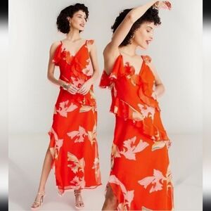 Future Collective Red Tropical Floral Flowy Slip Dress